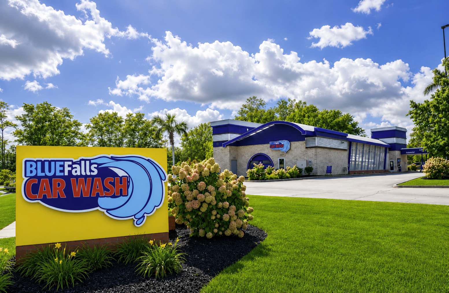 Blue Falls Car Wash location exterior with bright yellow entrance sign, blue arched roofline, and landscaped grounds on a sunny day.